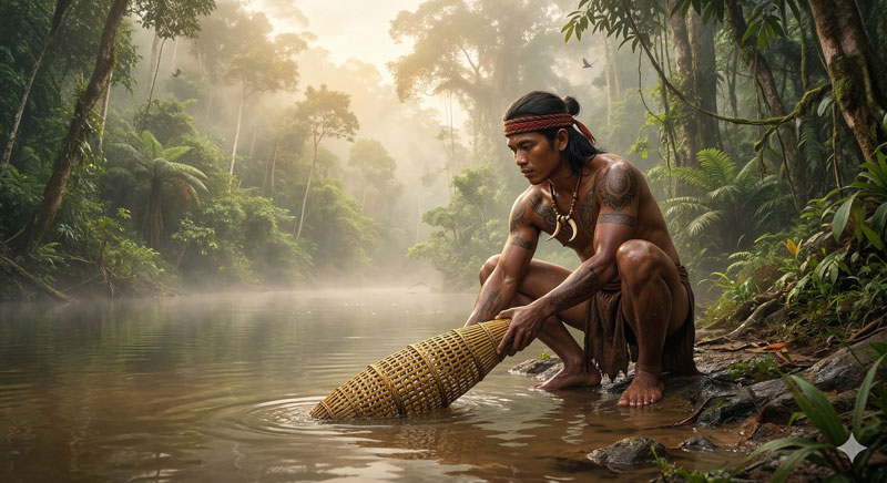 Sengkumang memasang bubu di sungai