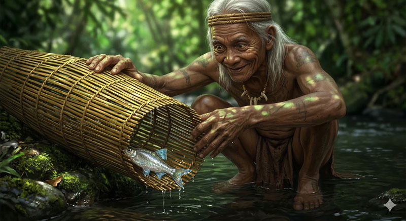 Pak Iyu menemukan rihek di bubu Sengkumang