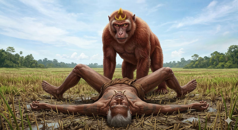 Pak Iyu tergeletak di ladang, raja kera datang menghampiri